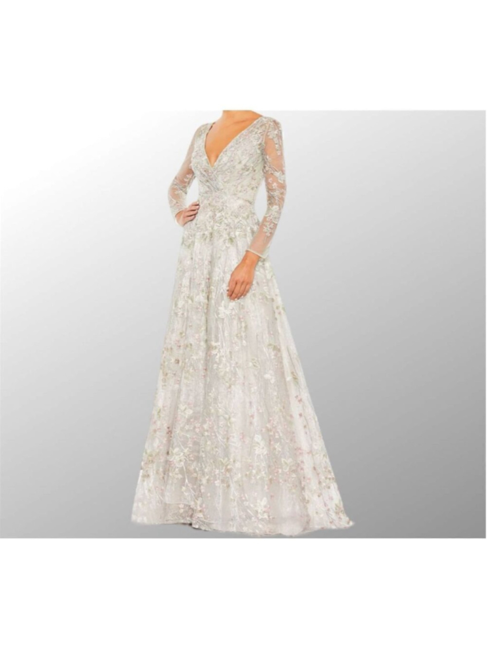 MAC DUGGAL EMBELLISHED WRAP OVER ILLUSION LONG SLEEVE A LINE IN PATEL MULTI